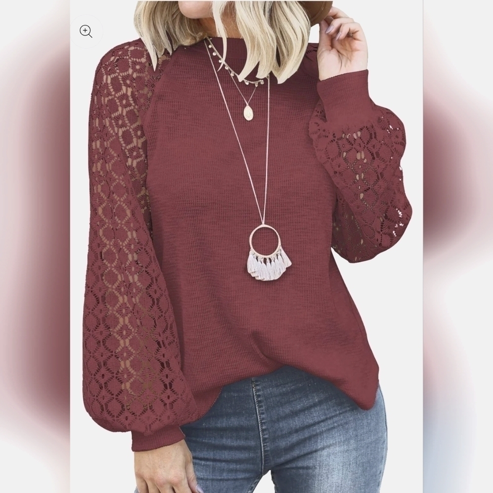 MIHOLL Womens Balloon Lace Sleeve Knit Raglan Top MAUVE sz SMALL